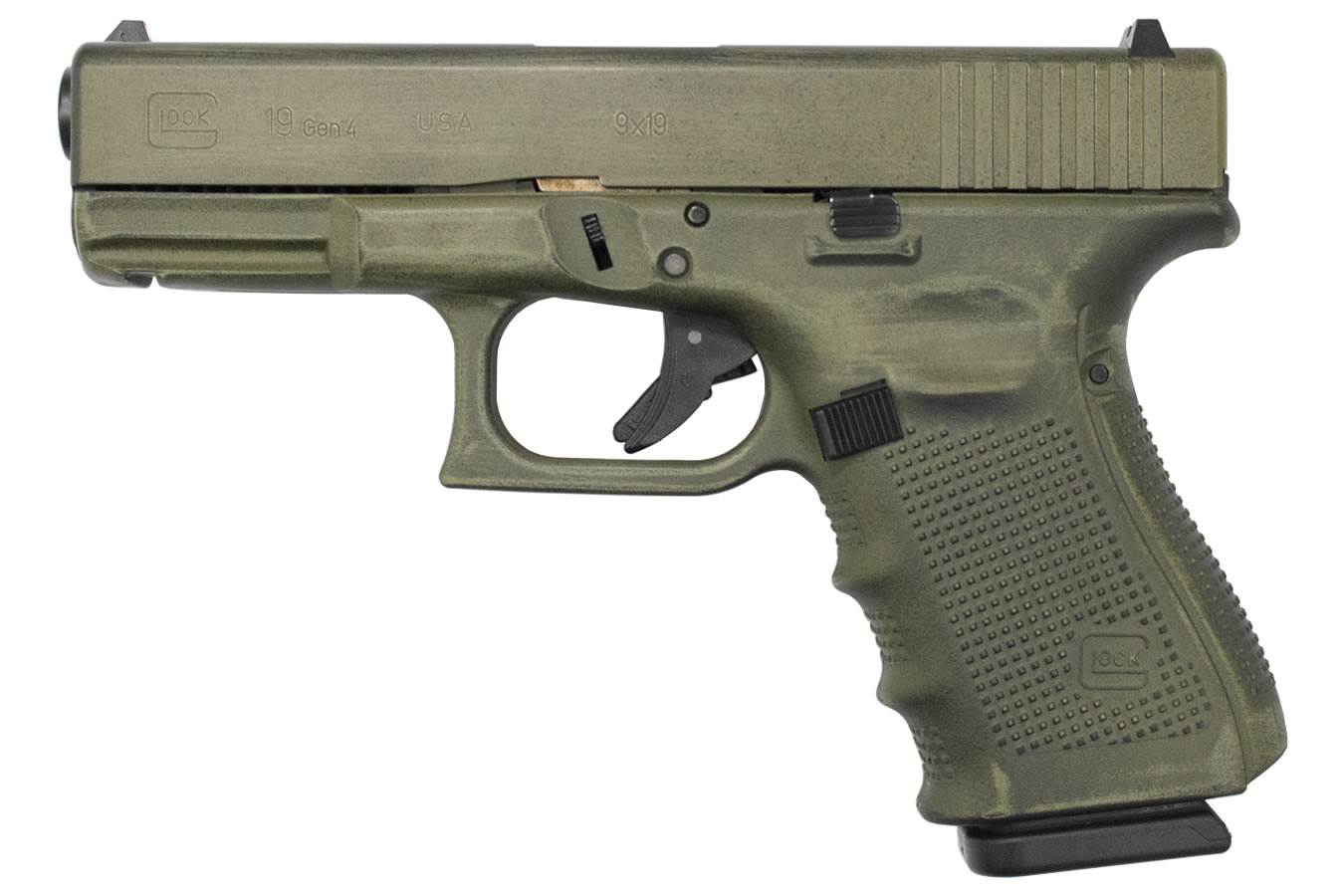 19 Gen4 9mm 15-Round Pistol with Battleworn Green Frame 19 Gen4 9mm 15-Round Pistol with Battleworn Green Frame - Firearms - Texas Gun Store