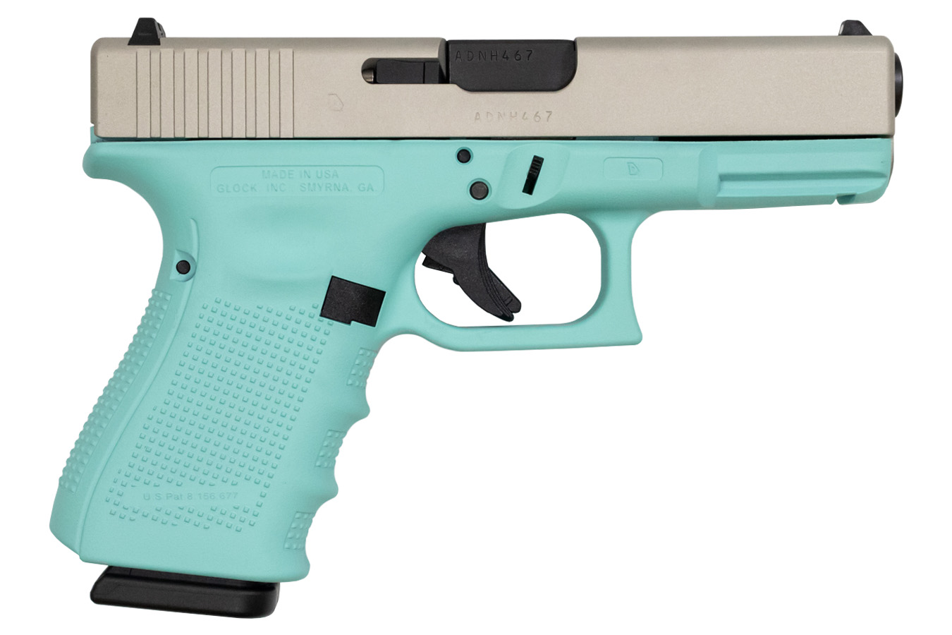19 Gen4 9mm 15-Round Pistol with Robins Egg Blue Frame and Silver Slide Cerakote