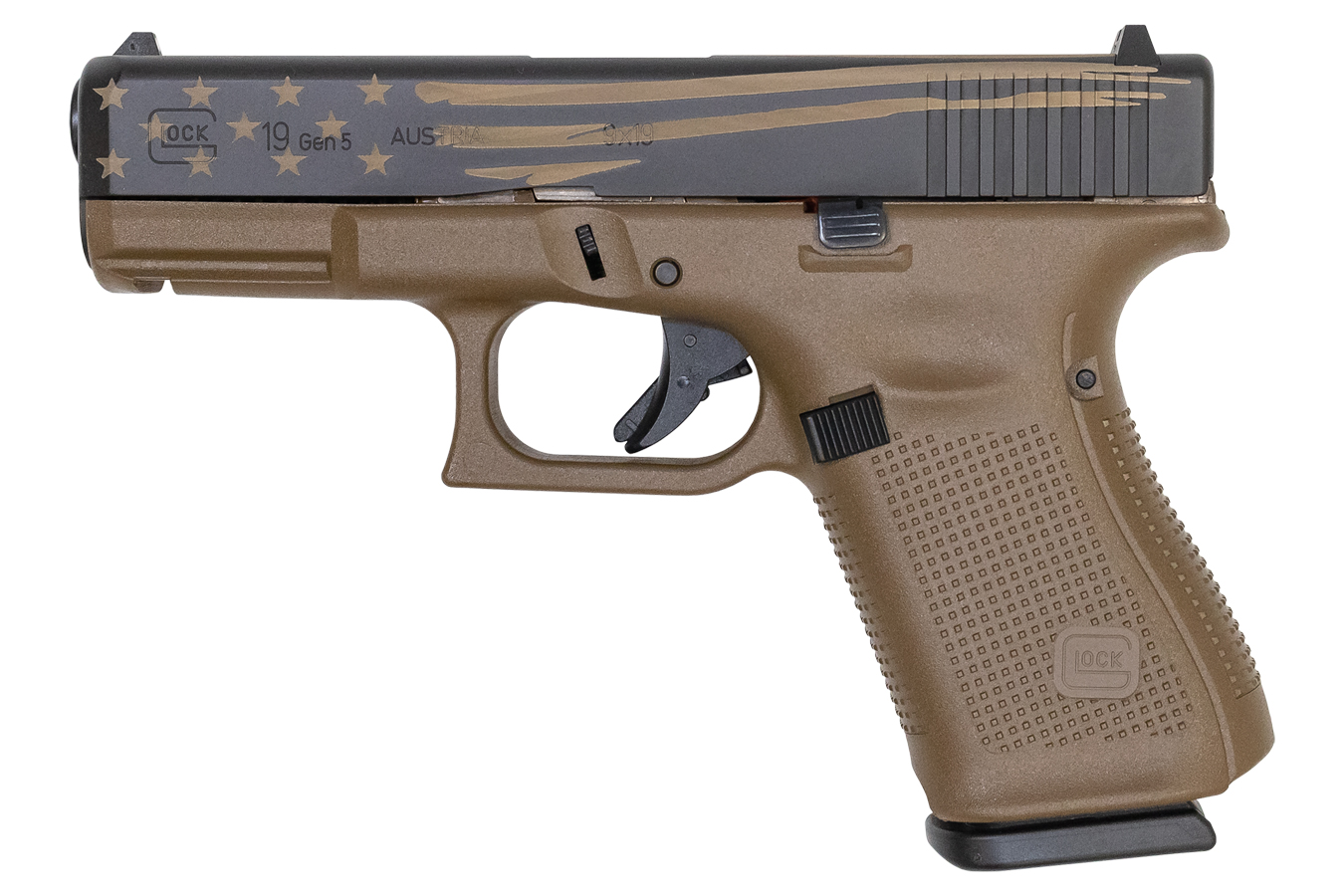19 Gen5 9mm Pistol with FDE Frame and Distressed FDE Flag Cerakote Slide