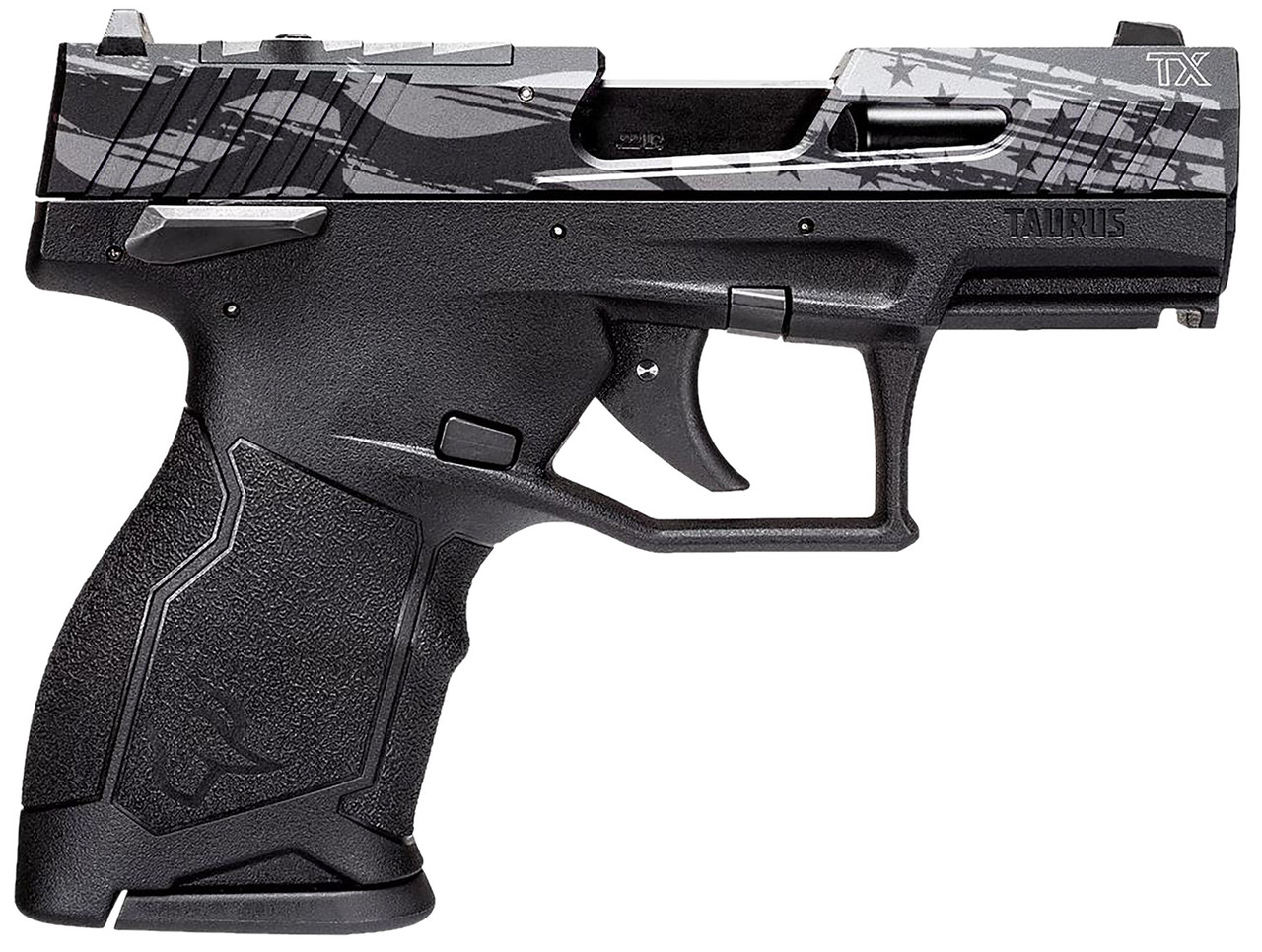 Taurus TX22C TORO 22 LR, 3.6" Threaded Barrel, Black, Engraved Distressed USA Flag Slide, 13rd Taurus TX22C TORO 22 LR, 3.6" Threaded Barrel, Black, Engraved Distressed USA Flag Slide, 13rd - Taurus - Texas Gun Store